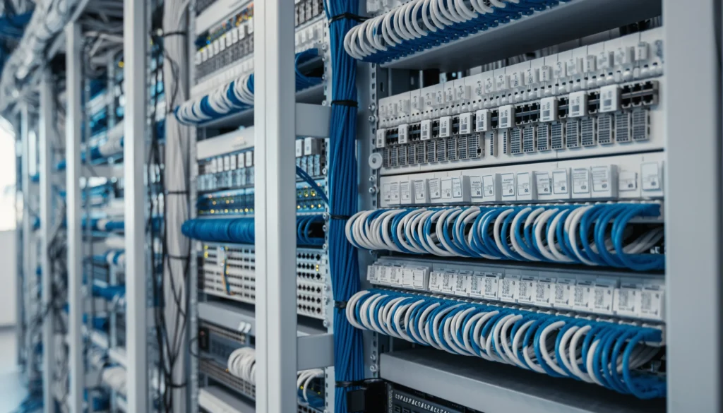Sala de telecomunicaciones empresarial con racks