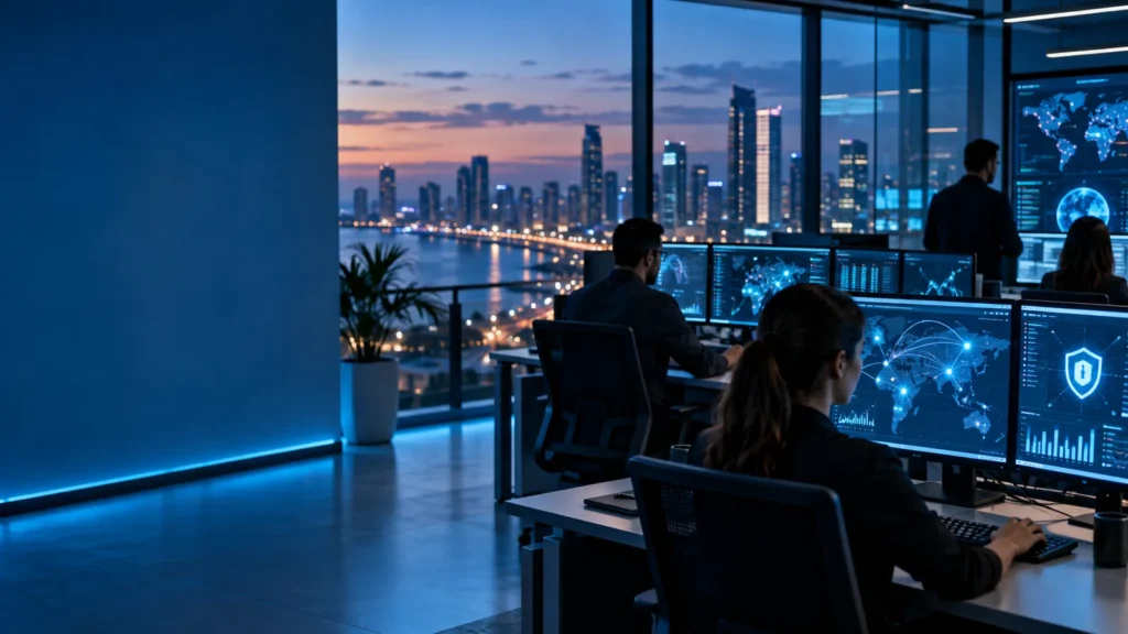 Centro de operaciones de ciberseguridad con vista a la Ciudad de Panamá al anochecer