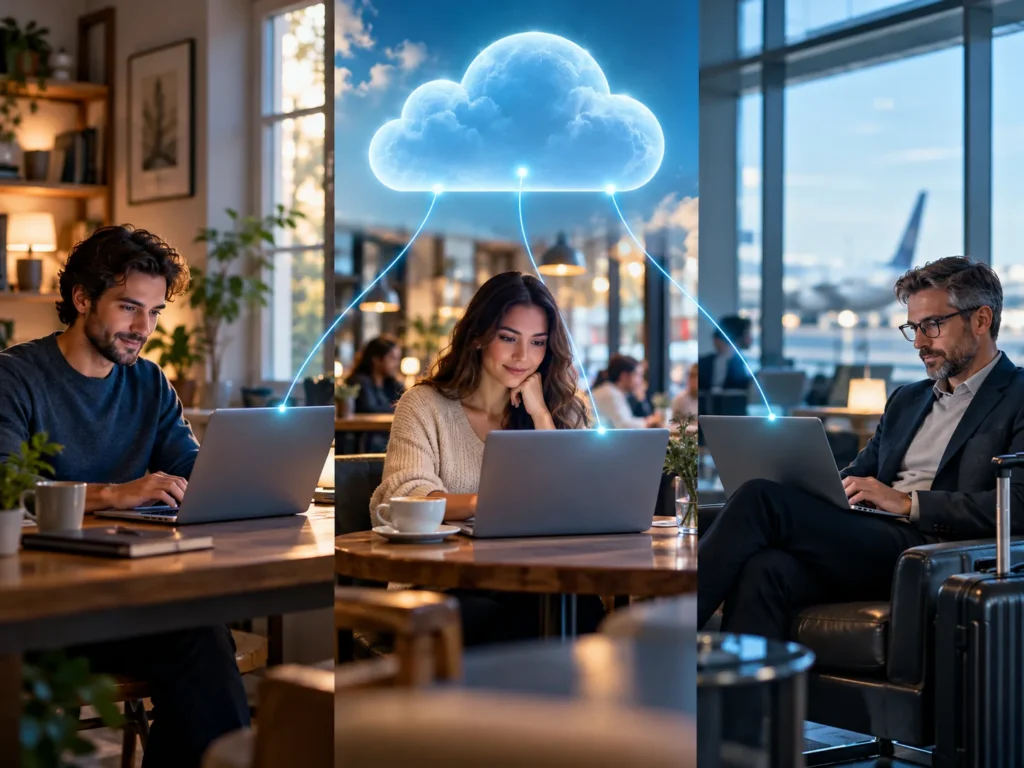 Colaboradores remotos conectados de forma segura a la nube desde distintos lugares