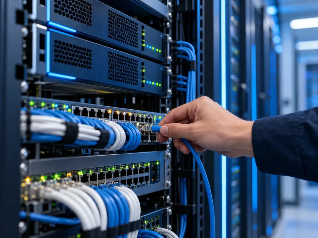 Next-generation firewalls and managed switches installed in an enterprise rack