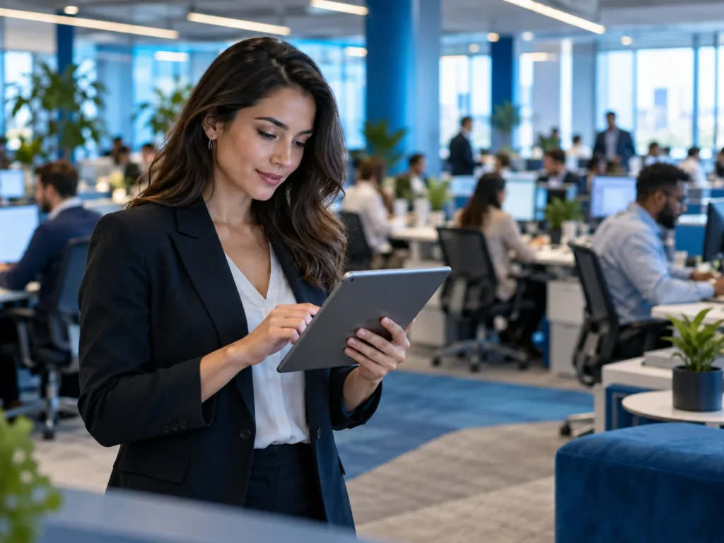 Piso corporativo con colaboradores en sus estaciones y un trabajador de primera línea con tableta