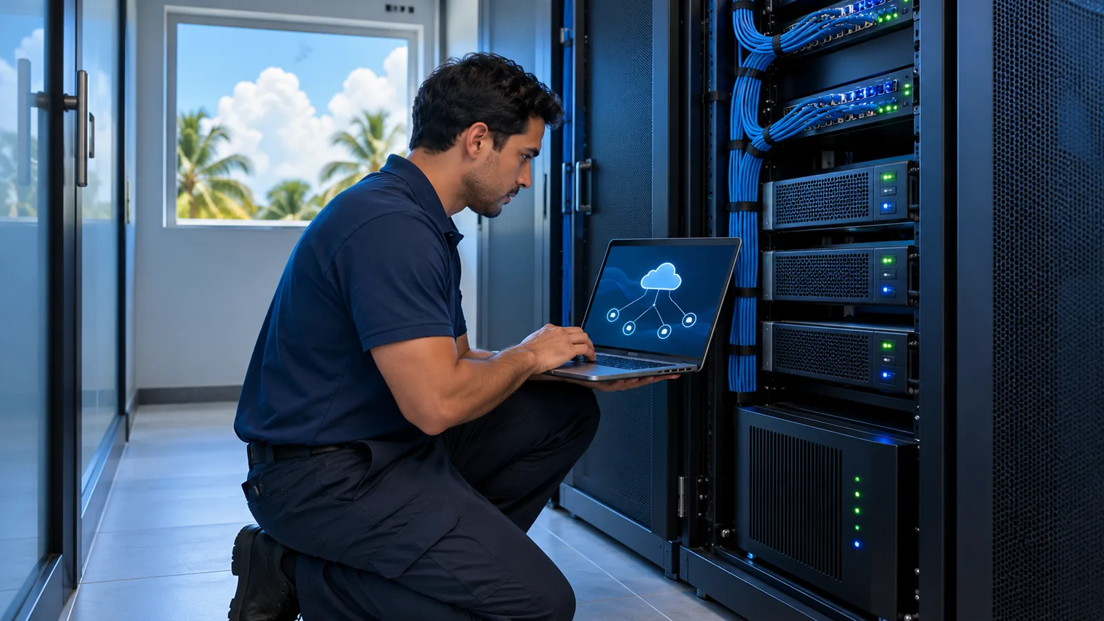 Ingeniero de sistemas revisa con su laptop un rack de servidores y una UPS en el cuarto de servidores de una oficina en Panamá