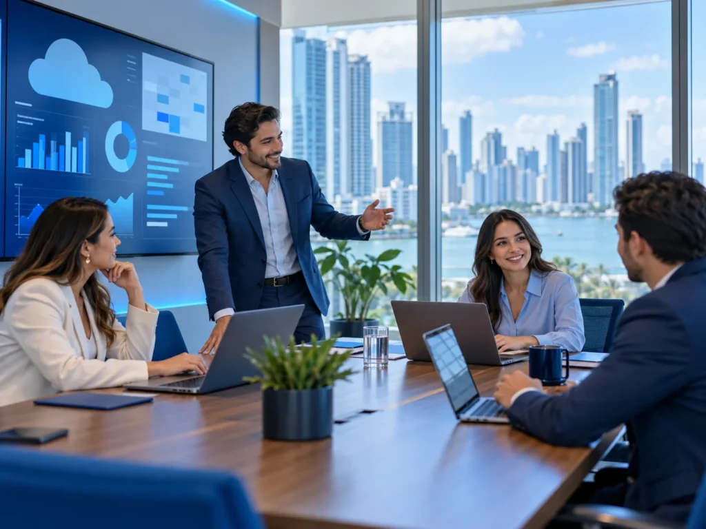 Team collaborating in a modern Panama City meeting room with cloud productivity tools